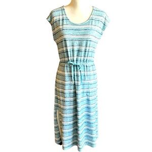 T by Talbots Dress  Women’s Sz Small Blue White Stripe Drawstring Tie Waist Midi